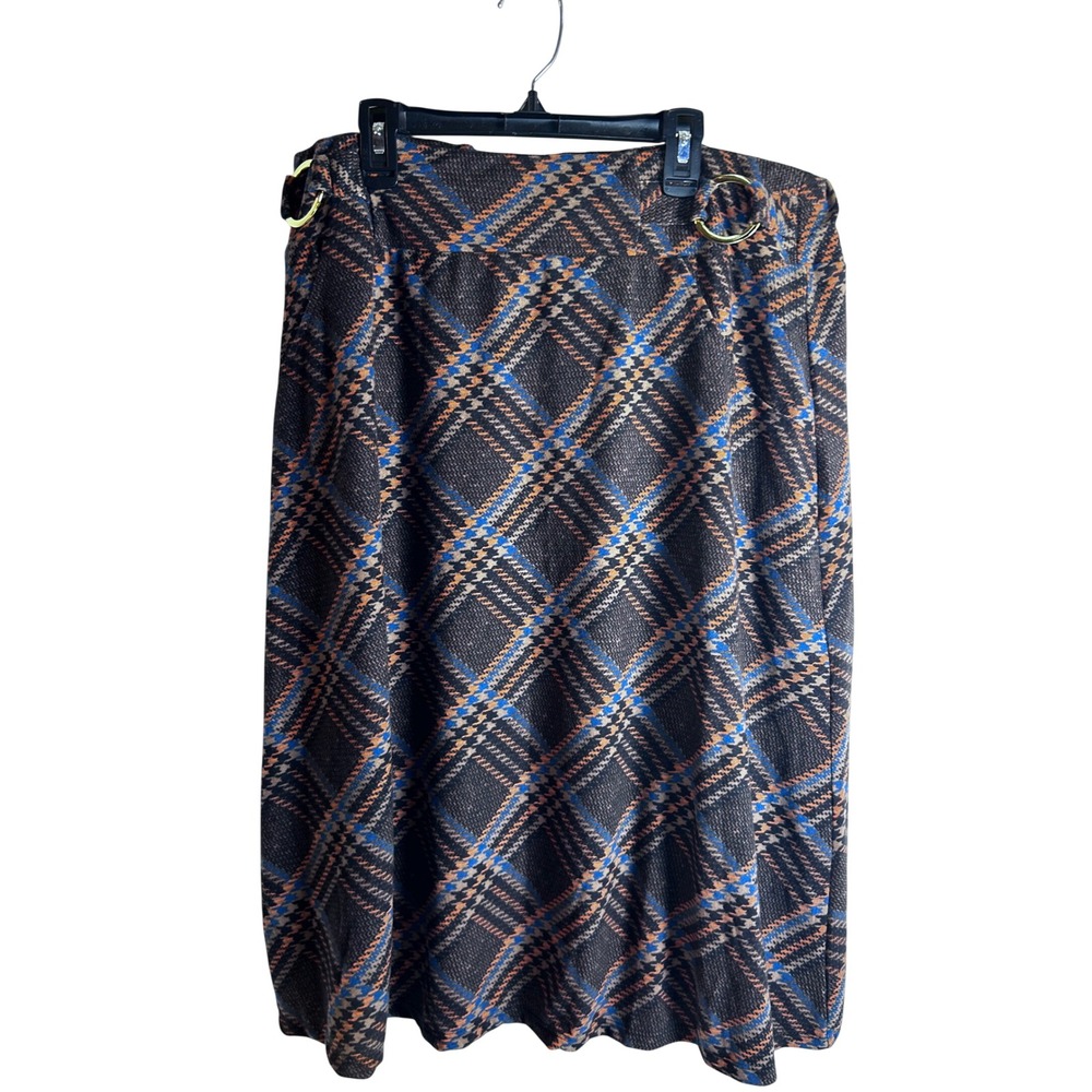 Robert Louis Plaid Skirt Large Brown Orange Blue O-Ring Detail Women